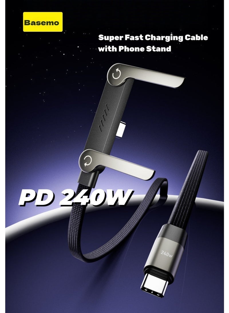 BASEMO 240W super-fast charging cable with built-in phone stand, compatible with iPhones, Android phones, tablets and laptops with USB-C interface, supports PD 20W to 70W fast charging, and is compatible with devices from mainstream brands such as Apple, Samsung, Huawei and Honor. Type-C to Type-C 1.5m black. - Image 1